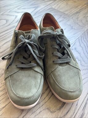 Vionic Olive Green Suede Lace-Up Sneakers with Side Zippers